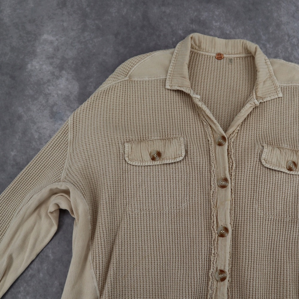 Free People Scout Jacket Thermal Shacket Waffle Knit Oversized XS Beige Cotton - Picture 2 of 10